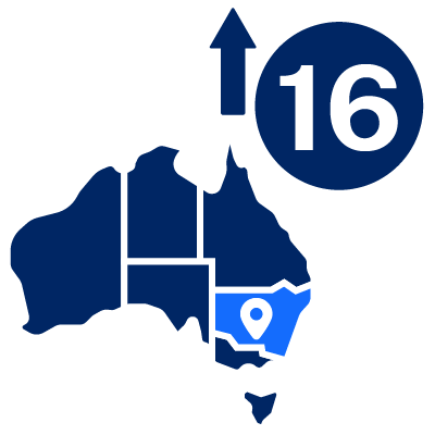 Map of NSW in Australia age sixteen sign and arrow indicating over