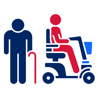 A person using a walking stick and another person using a motorised scooter to move.