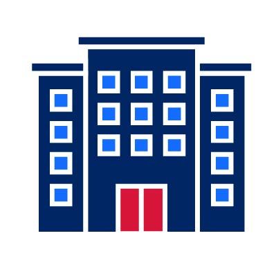 Pictogram of office building blue and red door