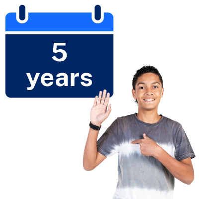 Under 21-year-old person with 5 years pointing to himself and hold hand up