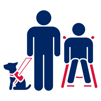 A person with their guide dog and another person in a wheelchair.