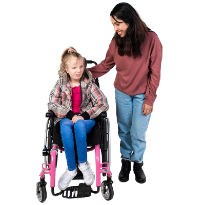 A young girl in her wheelchair with a parent.