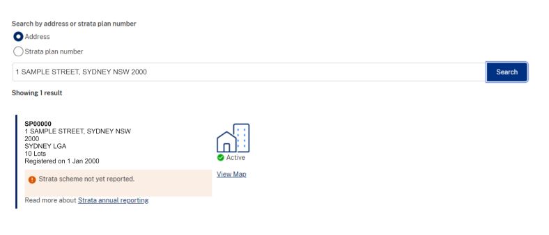 A sample strata search, displaying a sample address. The search says 'strata scheme not yet reported'. 