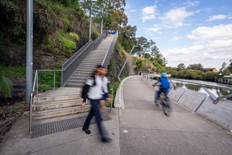 Kids walk to school using new stairway