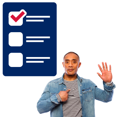 Man pointing to himself and with checkbox list claiming he is eligible to apply on behalf of someone else