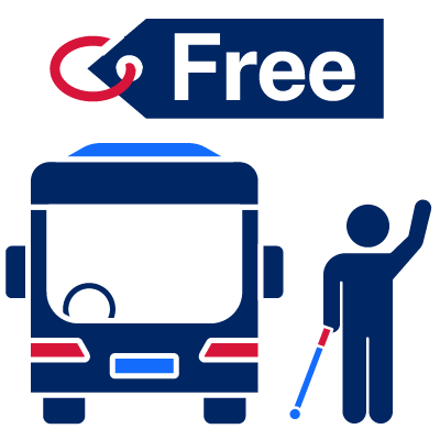 A vision impaired person holding a cane getting a bus that has a 'free' label above it