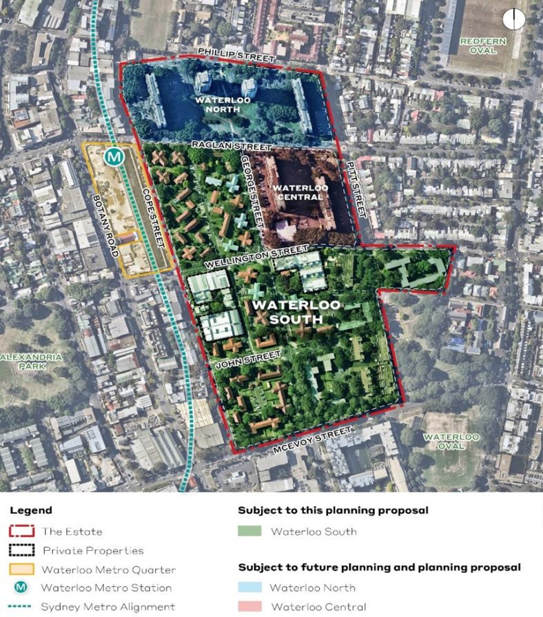 A coloured map showing the different planning zones in Waterloo, Sydney.