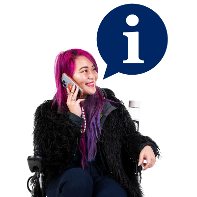 Women in wheelchair smiling getting information on the phone