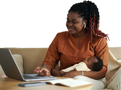 Women with baby on laptop accessing application for birth certificate