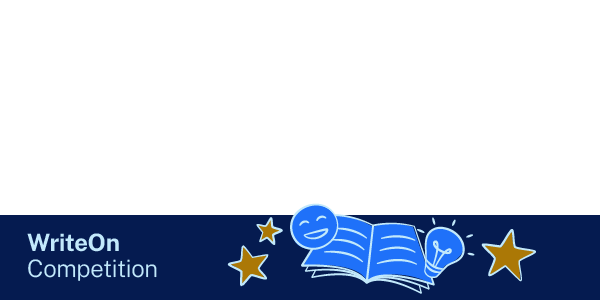 An dark blue graphic with icons of an open book, a smiley face, a lightbulb and gold stars. 