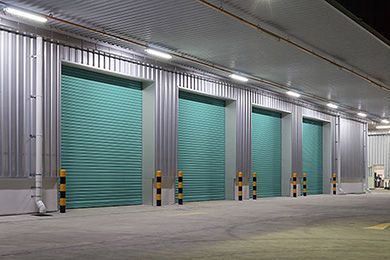 Warehouse with roller doors.