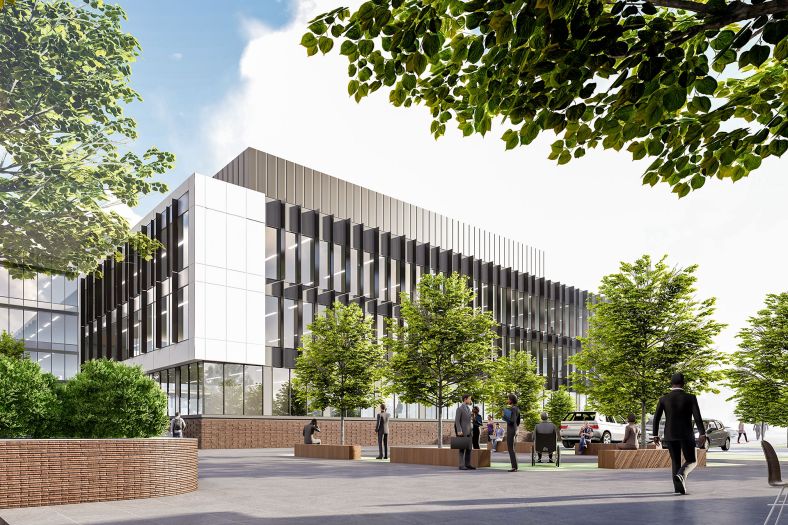 Artist impression of office building with trees and cars and people walking and sitting on benches.