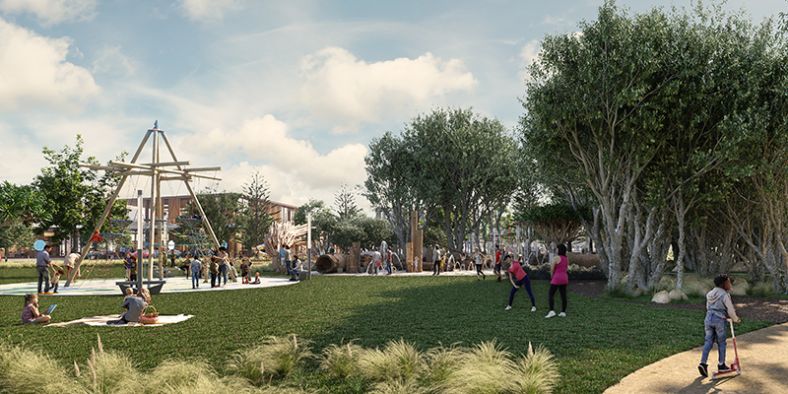 An artist's impression of the Coffs' Family Playground with people engaging in all forms of activities at the playground.