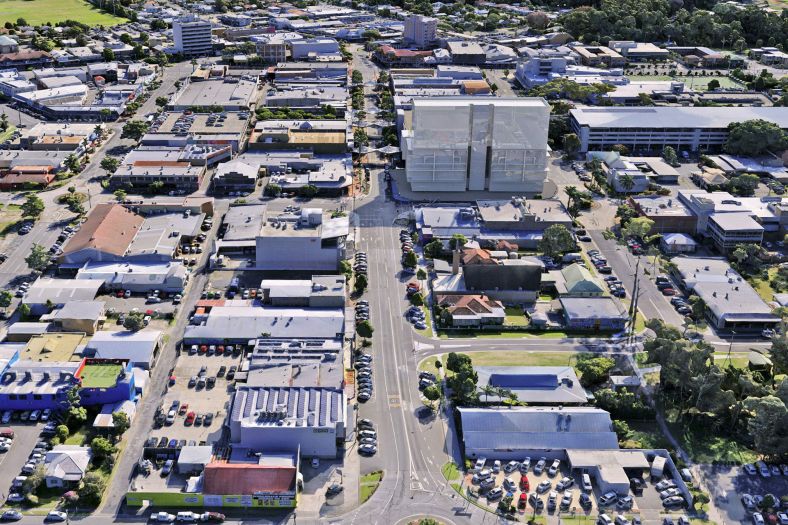 Aerial view of office streets and buildings in Coffs Harbour workplace hub