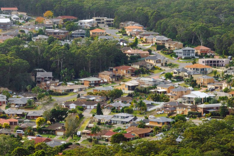 Aerial view of residential housing around Lake Macquarie