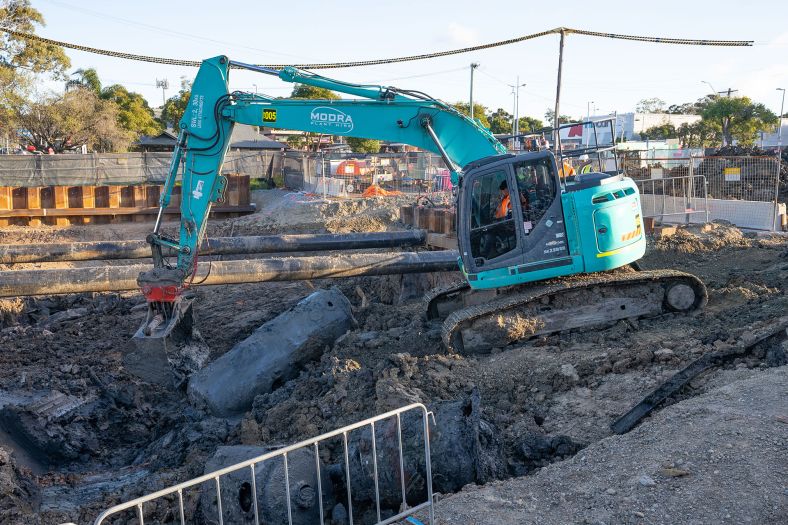 Machinery removing a buried gasholder during remediation of the former Waratah Gasworks site.