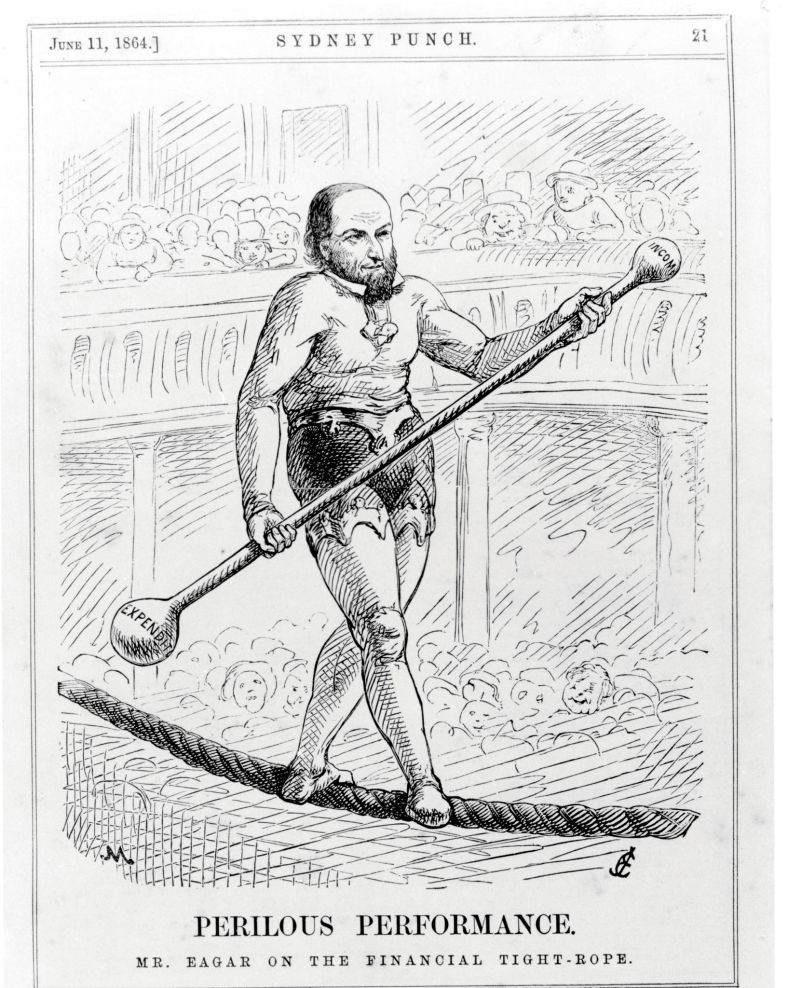 Perilous Performance: Colonial Treasurer Geoffrey Eagar, cast as a tightrope walker in the satirical magazine Sydney Punch, 1864.