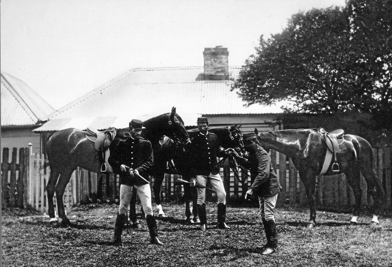 Aboriginal tracker and police officers at Walgett, circa 1890