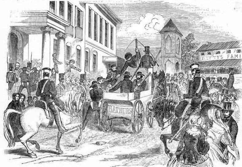 Arrival of the Government gold conveyance at the Colonial Treasury, Sydney, on August 21, 1851. Sketch in the Illustrated London News, 1852.