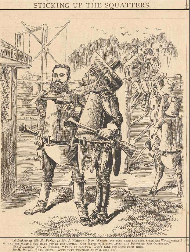 Sticking Up the Squatters: NSW parliamentarians (and later Prime Minister and Treasurer of Australia respectively) Henry Parkes and John Christian Watson, cast by the satirical magazine Sydney Punch, 1880.