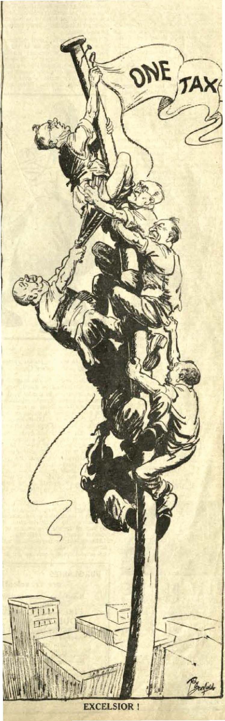 Excelsior! Political caricaturist Ted Scorfield in The Bulletin (1942) depicts Prime Minister John Curtin fixing the flag of uniform taxation, dragged down by Australia’s other political leaders.