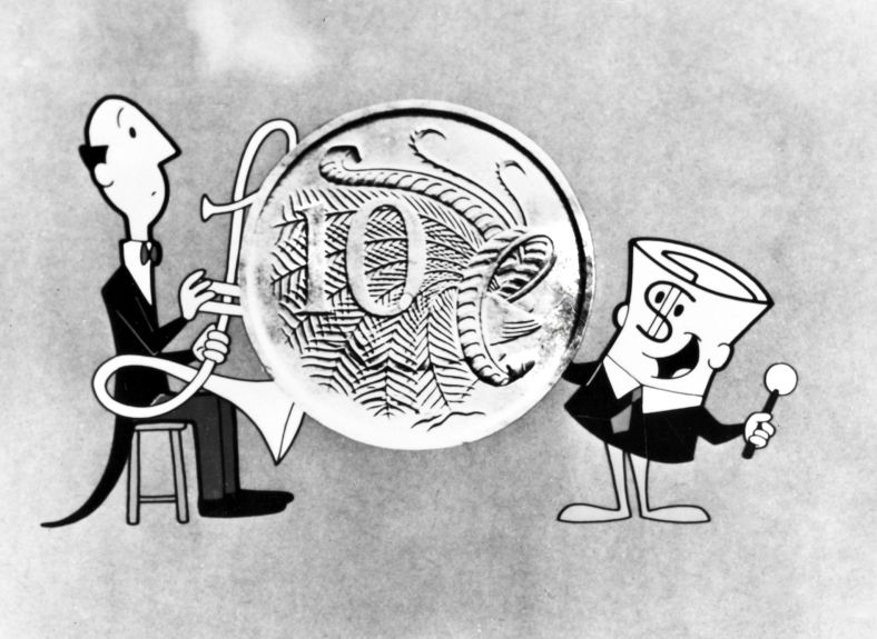 The plucky Dollar Bill character extolling decimalisation, with his more staid and outdated counterpart.