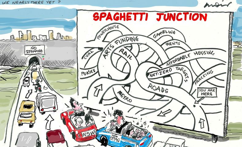 Spaghetti Junction, by Sydney Morning Herald editorial cartoonist Alan Moir, 2023.