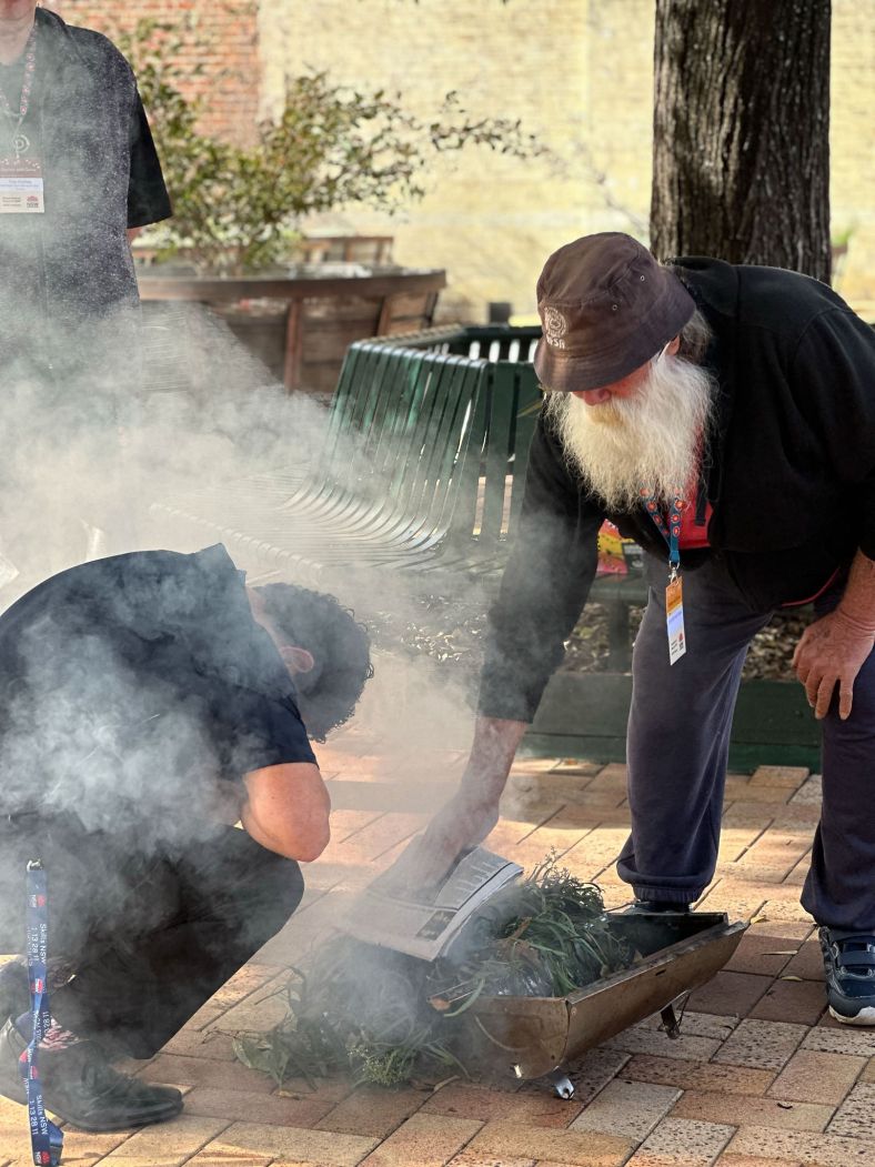 Smoking Ceremony held by Uncle Mitchem Neave at Gunnedah NSW Government Gather and Grow Aboriginal business engagement event 2024.