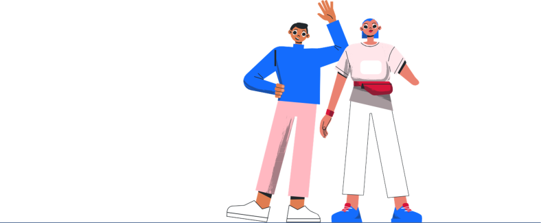 Illustration of a person waving with another person with a limb difference of a missing left hand