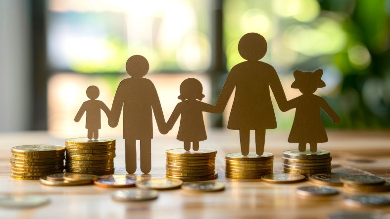 cardboard cutout of family on coin stacks