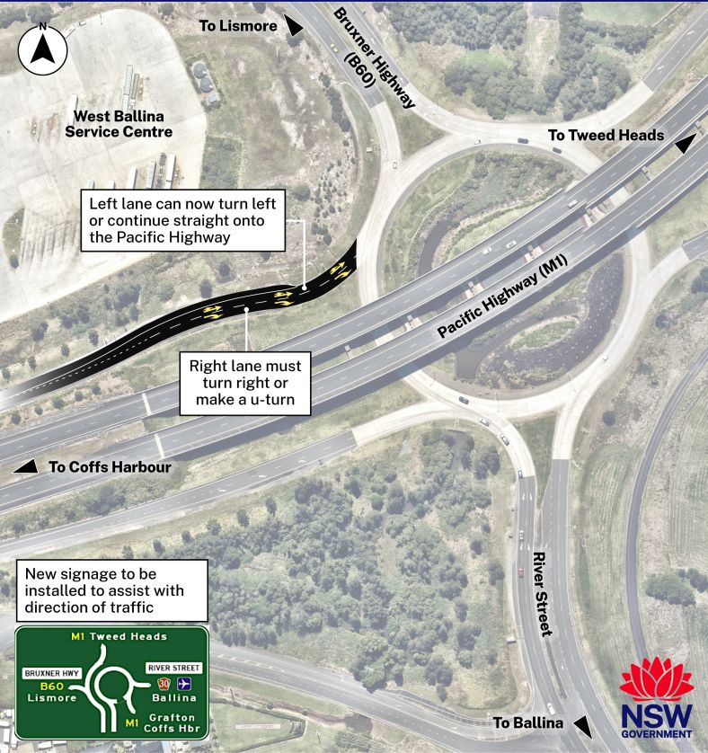 map denoting the lange marking changes, new signage and traffic in the northbound left land travelling straight through the roundabout instead of only turning left.