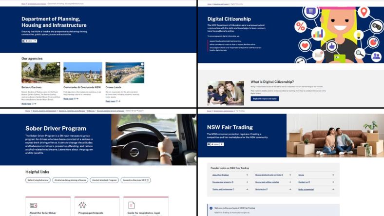 A collage showcasing four NSW Government webpages that were part of the 2024 OneCX Program website migrations. The photo includes Department of Planning, Housing and Infrastructure, Digital Citizenship, Sober Driver Program and NSW Fair Trading.