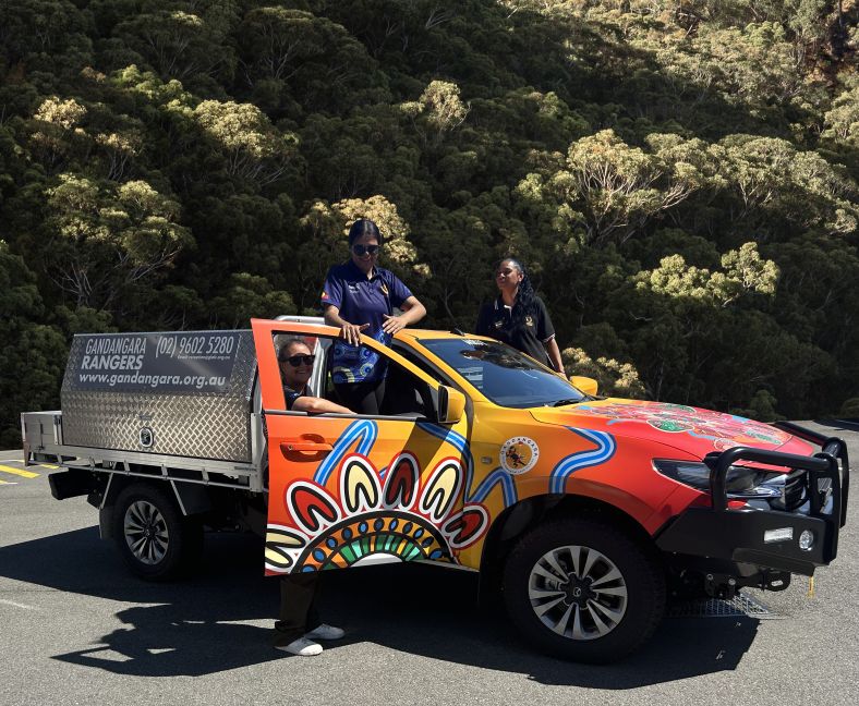 Three of Gandangara Local Aboriginal Land Council's Rangers gathered around a colour, branded work ute on Country.