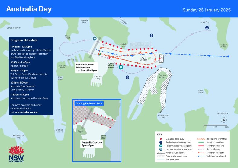 Sydney Harbour Australia Day 2025 event exclusion zone map