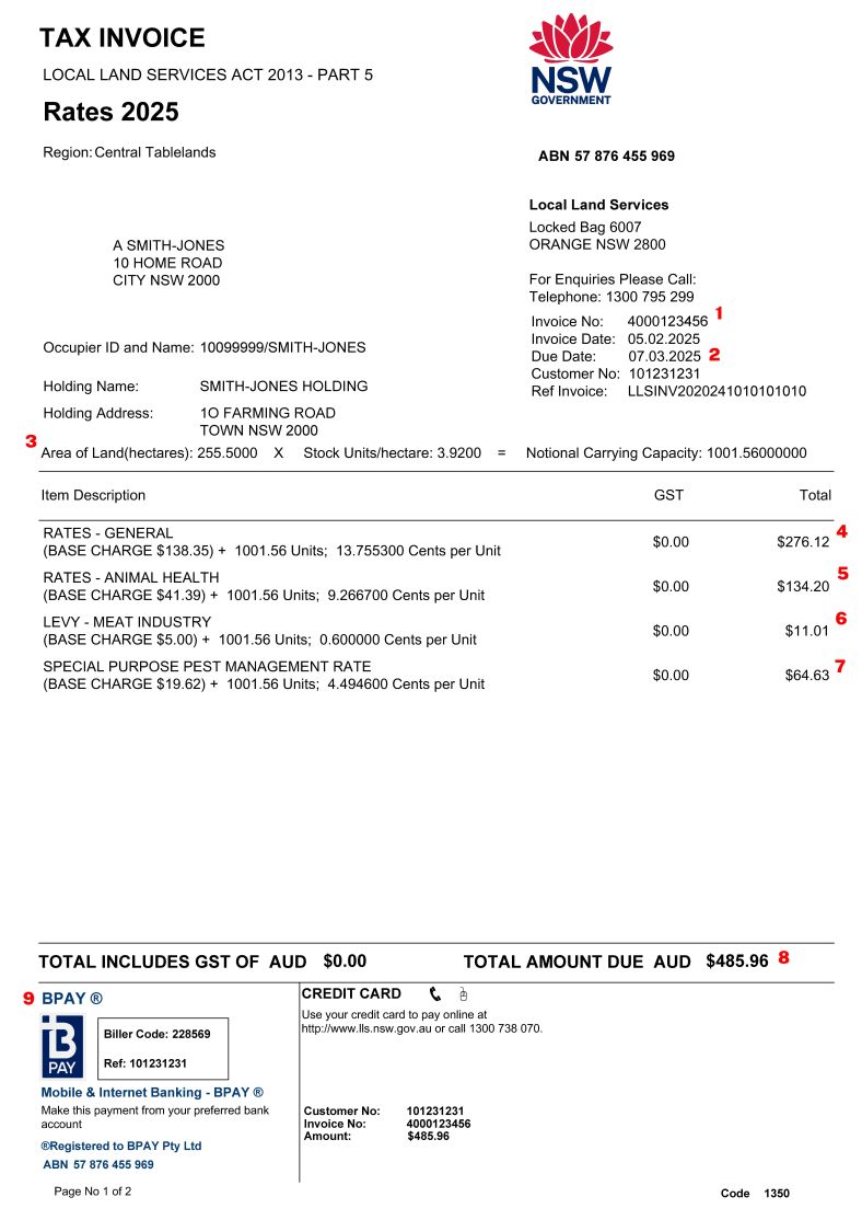 Sample rates invoice for 2025 with no surcharge.