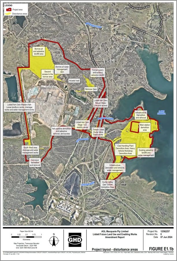 A map of the Liddell Future Land Use and Enabling Works Project, marking the project area in red and the disturbance areas in yellow.