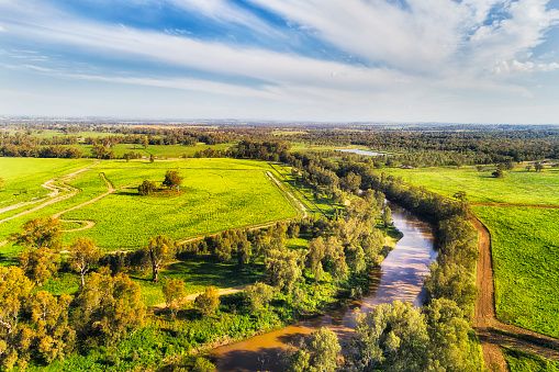 Macquarie river flowing trough Dubbo city in Australian Great Western plains - aerial view in bright sun light over irrigated agriculture farms.