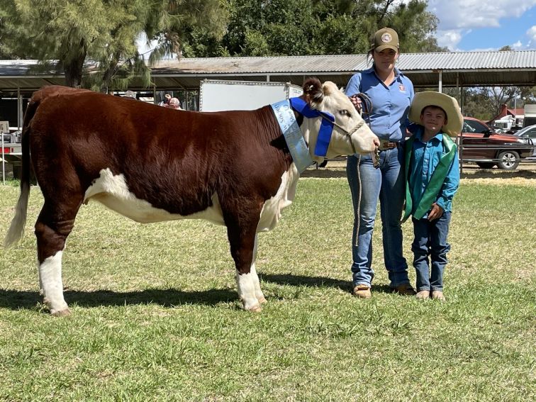 Woman and young boy standing next to cow