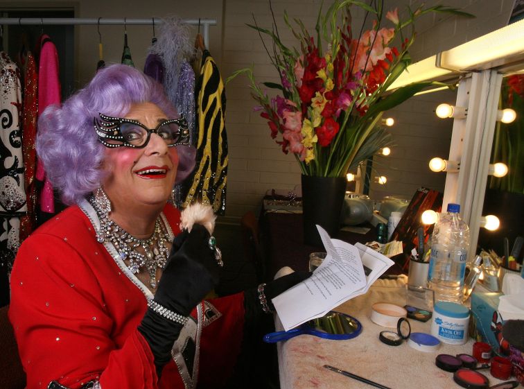 Dame Edna Everage backstage in preparations for her 'Back with a Vengeance' show.