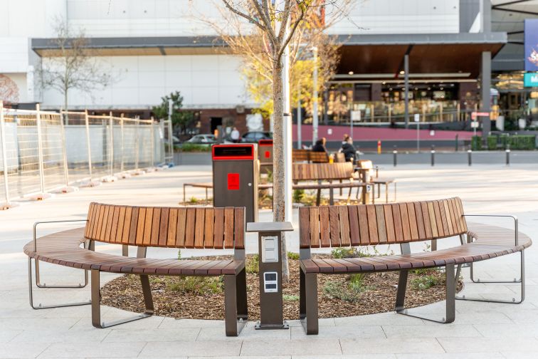 The smart furniture installation at Merrylands Civic Square, including powerpoints for charging electronic devices. Credit: Cumberland City Council