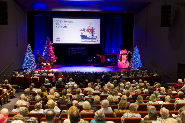 Back of the audience watching Christmas concert stage.