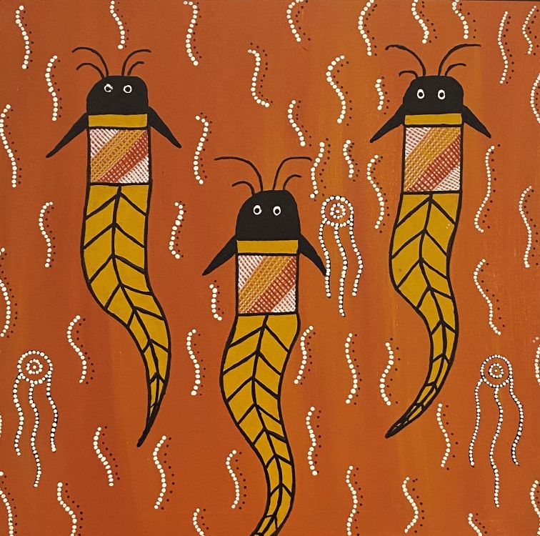 colourful indigenous dot painting showing 3 catfish