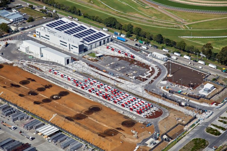 Aerial view of the Parramatta Light Rail vehicles at the Stabling and Maintenance Facility in Camellia.