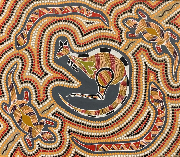colourful indigenous dot painting showing 5 animals