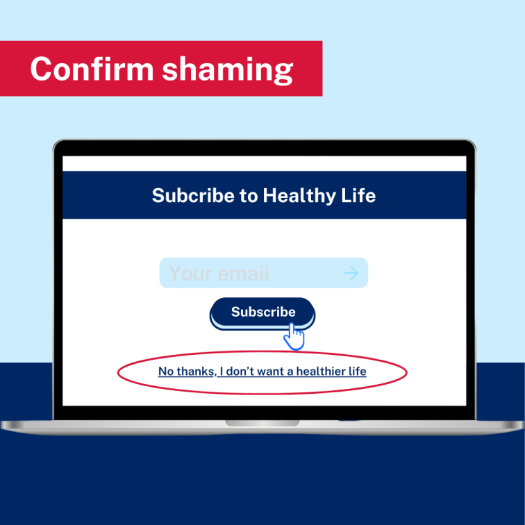 Laptop screen showing heading 'subscribe to healthy life'. Beneath is a field for an email address and a subscribe button. Further below the button is a link with the text 'no thanks, I don't want a healthier life'.