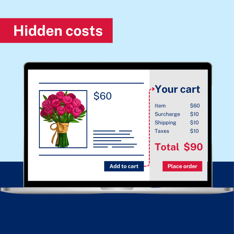 Laptop screen showing online shopping cart with a bunch of flowers priced at $60. Next to the flowers is a cost summary listing item price as $60 plus surcharge cost, shipping cost and taxes bringing the total cost of the item to $90