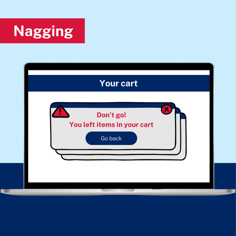 Laptop screen showing text 'your cart' with 3 pop up windows with text 'don't go! You left items in your cart'