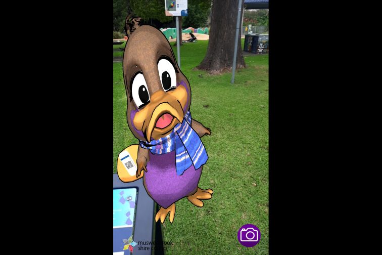 A screenshot from the Muscle Creek AR Tour platform, showing Pat the Platypus.