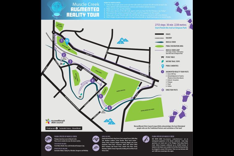 A map showing the route for the Muscle Creek Augmented Reality Tour.