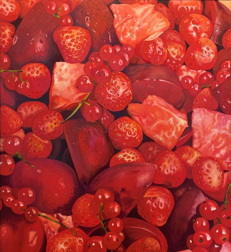 photo-realist painting of strawberries